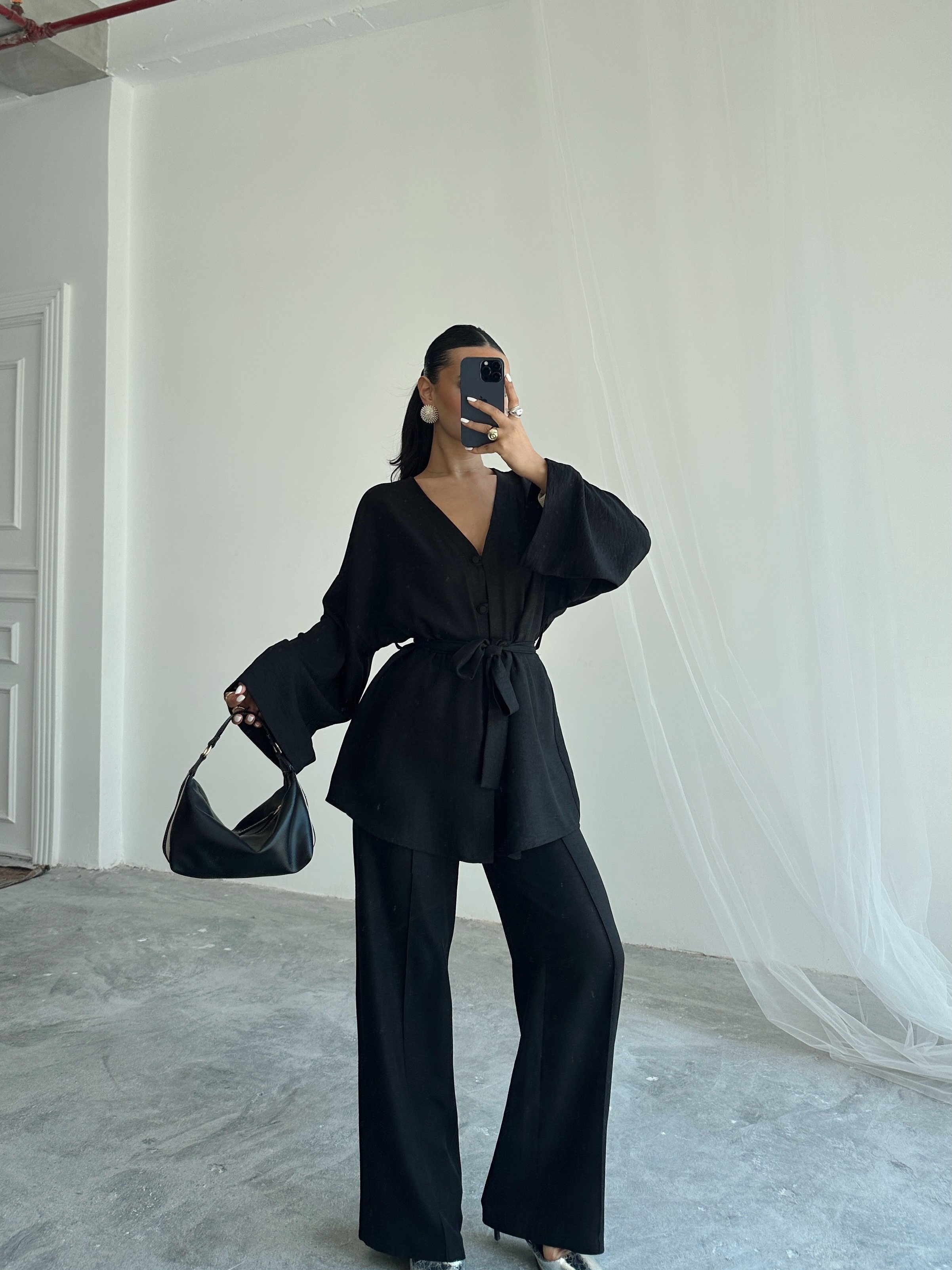 Düğme Detay Kuşaklı Kimono Takım