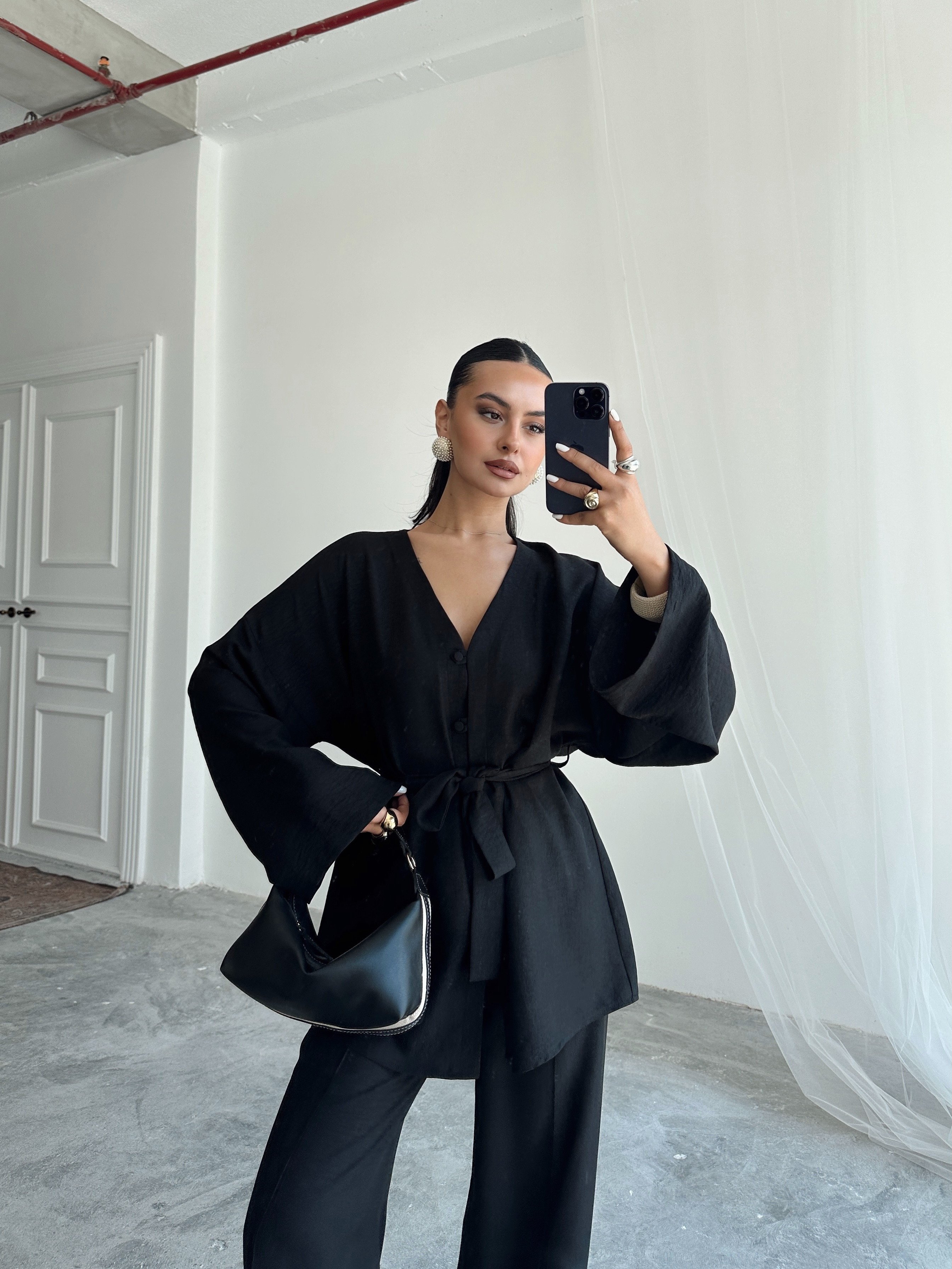 Düğme Detay Kuşaklı Kimono Takım