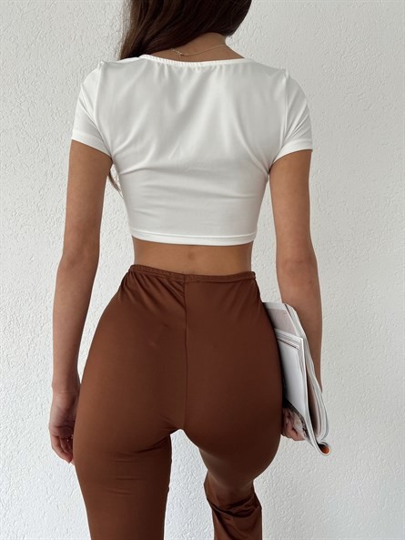 Drapeli Kalp Yaka Crop Beyaz