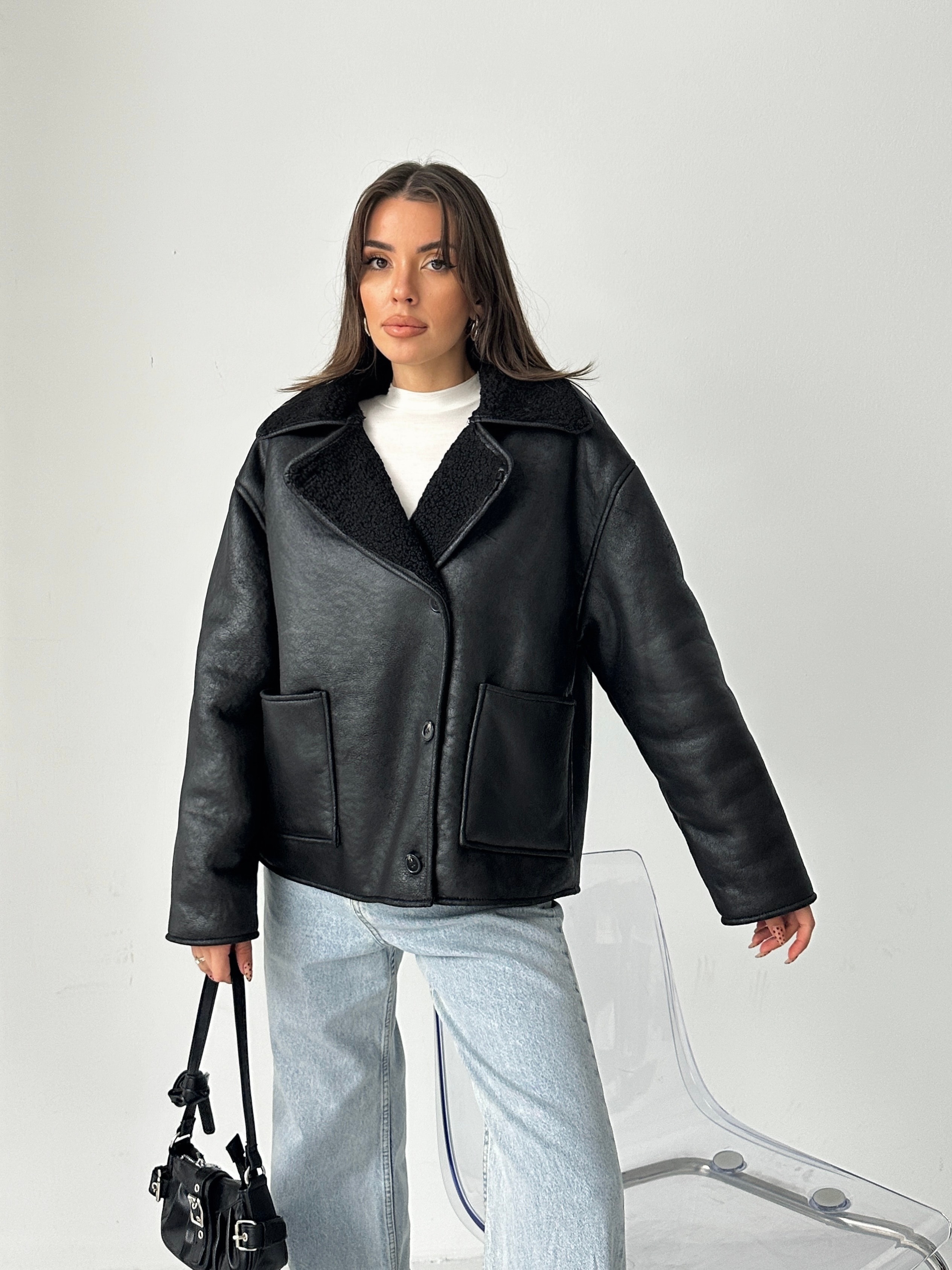 İçi Kürklü Oversize Mont - Black