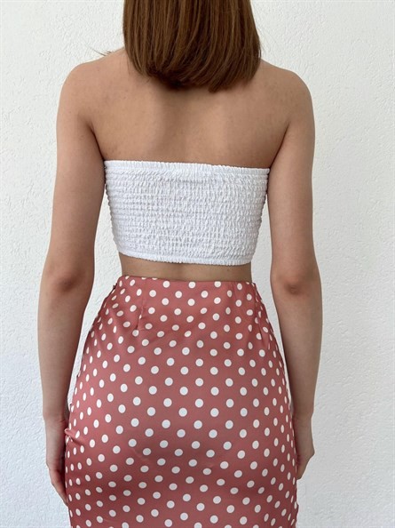 Drapeli Gofre Straplez Crop Beyaz