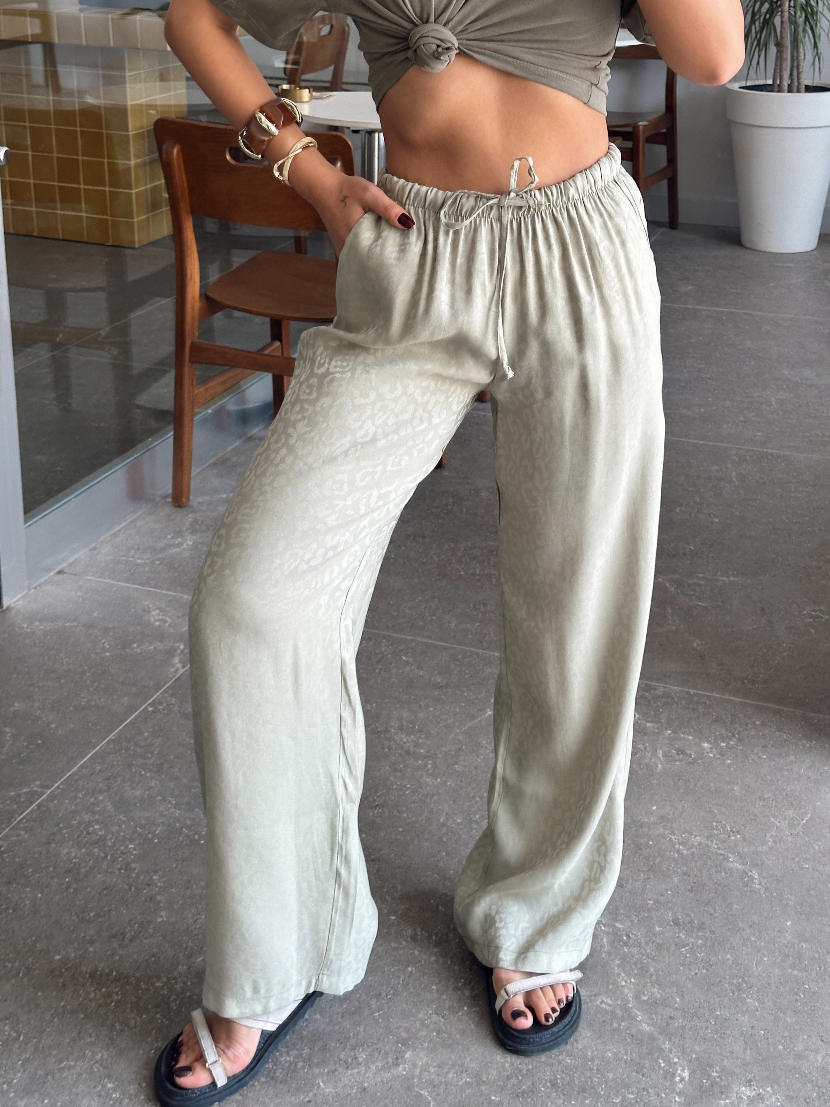 Desenli Parlak Pantolon - Mint
