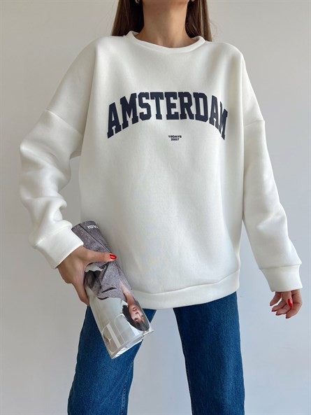Amsterdam 3 İplik Şardonlu Sweatshirt Beyaz
