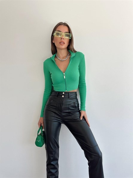 Fermuarlı Dik Yaka Fitilli Crop Bluz Yeşil