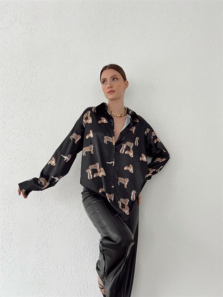 Leopar Oversize Saten Gömlek Siyah