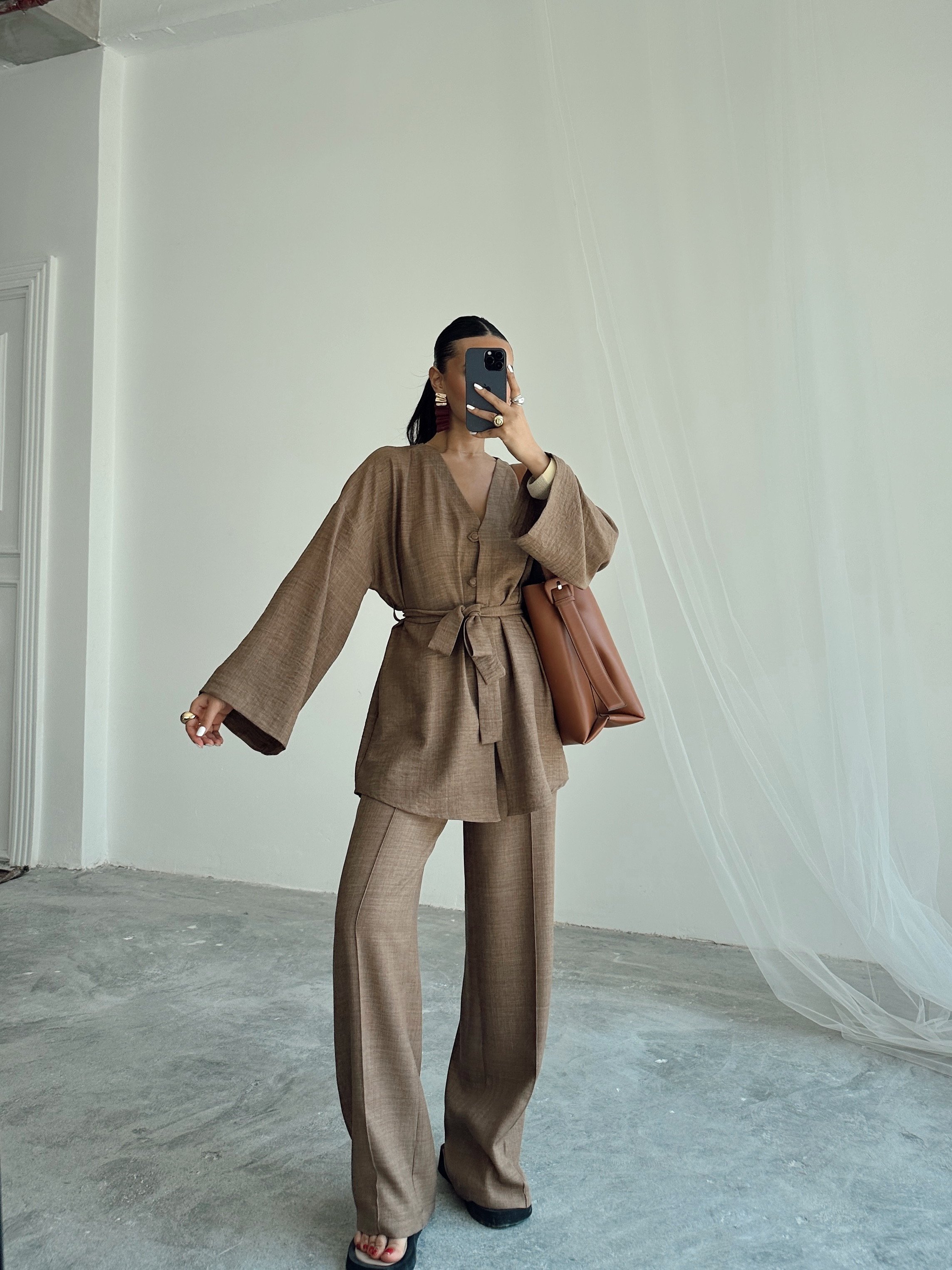 Düğme Detay Kuşaklı Kimono Takım - Kahve
