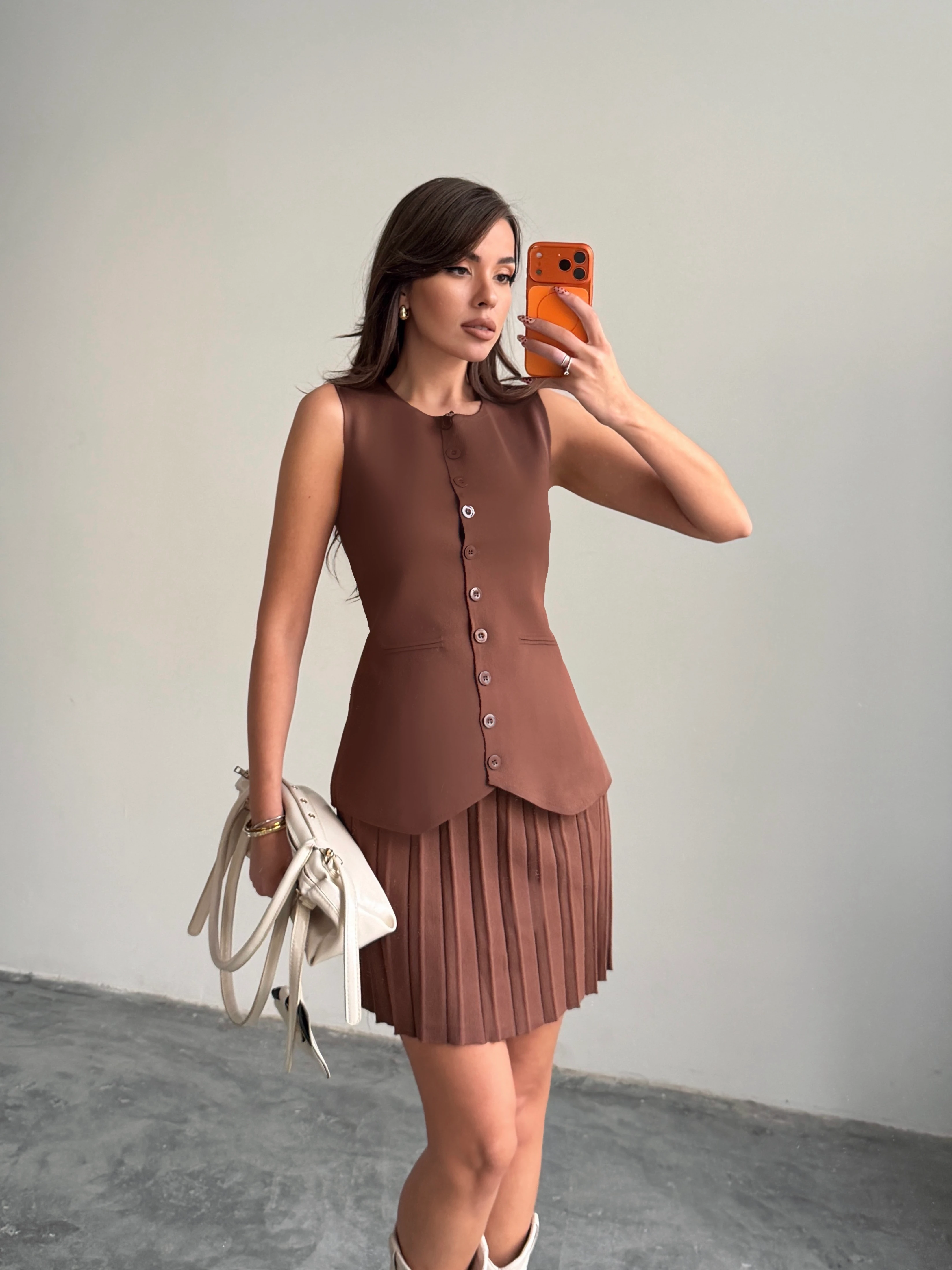 Pileli Etekli Triko Takım  - Kahve