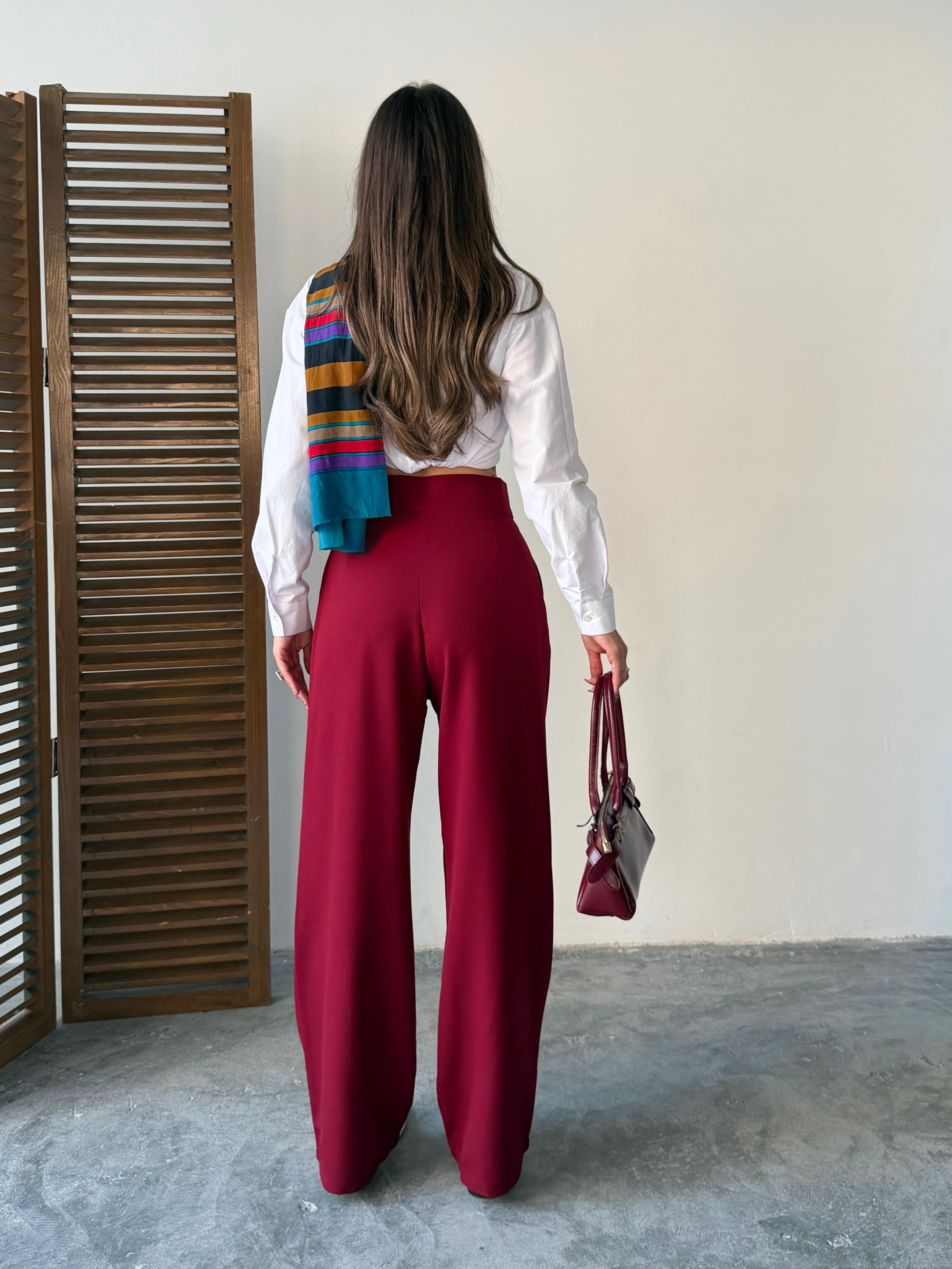 Bel Cırtlı Palazzo Pantolon  - Bordo