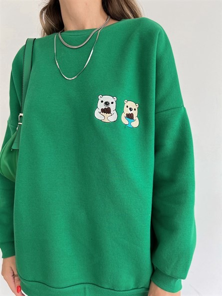 Twin Bear İşleme Oversize Sweatshirt Yeşil