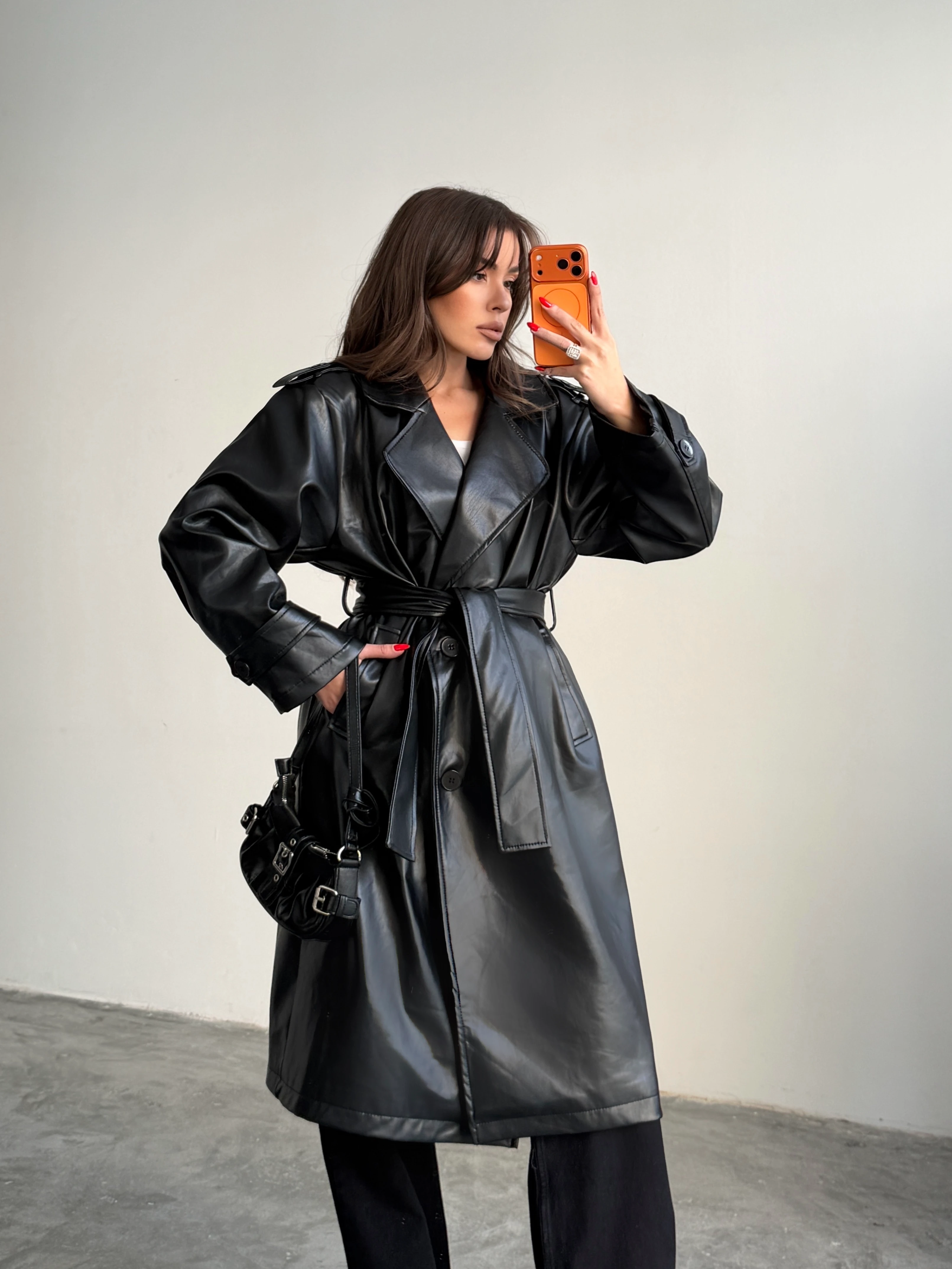 Apolet Detaylı Deri Trençkot - Black