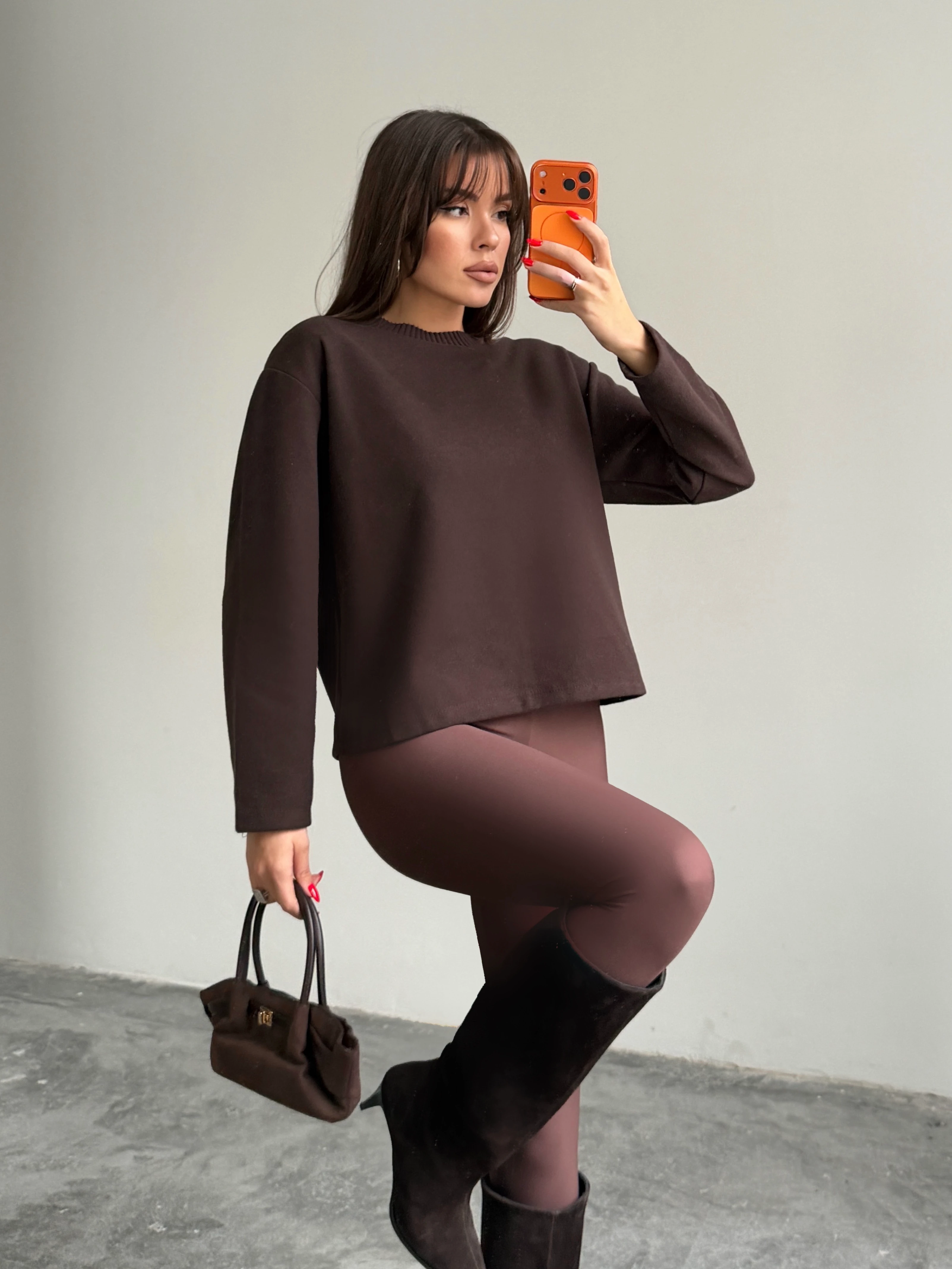 Yaka Ribana Detay Sweat - Kahve