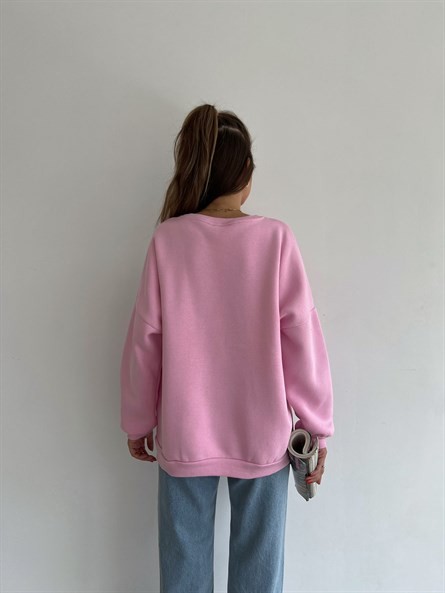 Twin Bear İşleme Oversize Sweatshirt Pembe