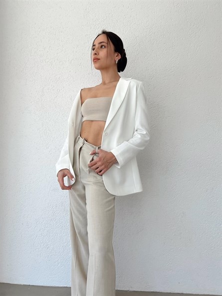 Slim Fit Tek Düğme Blazer Ceket Ekru