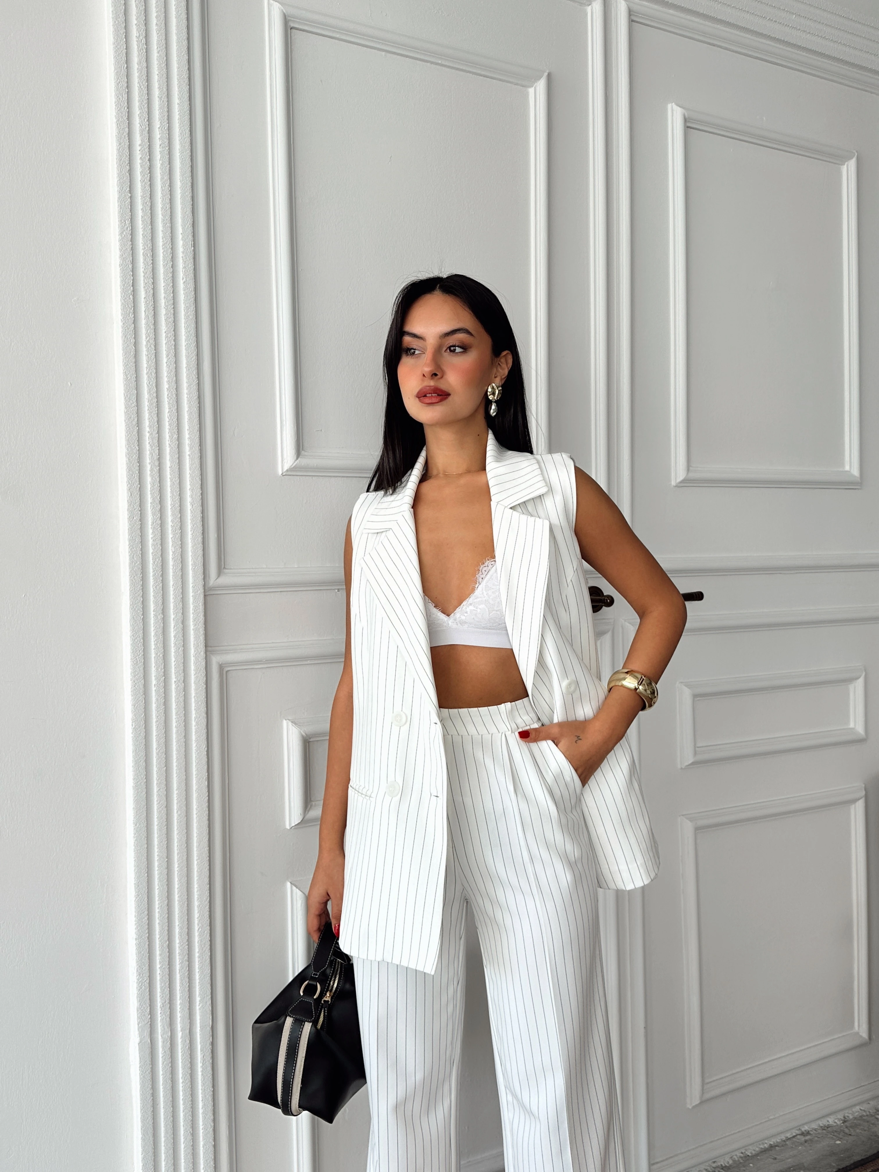 Ceket Yaka Line Yelek - Ekru