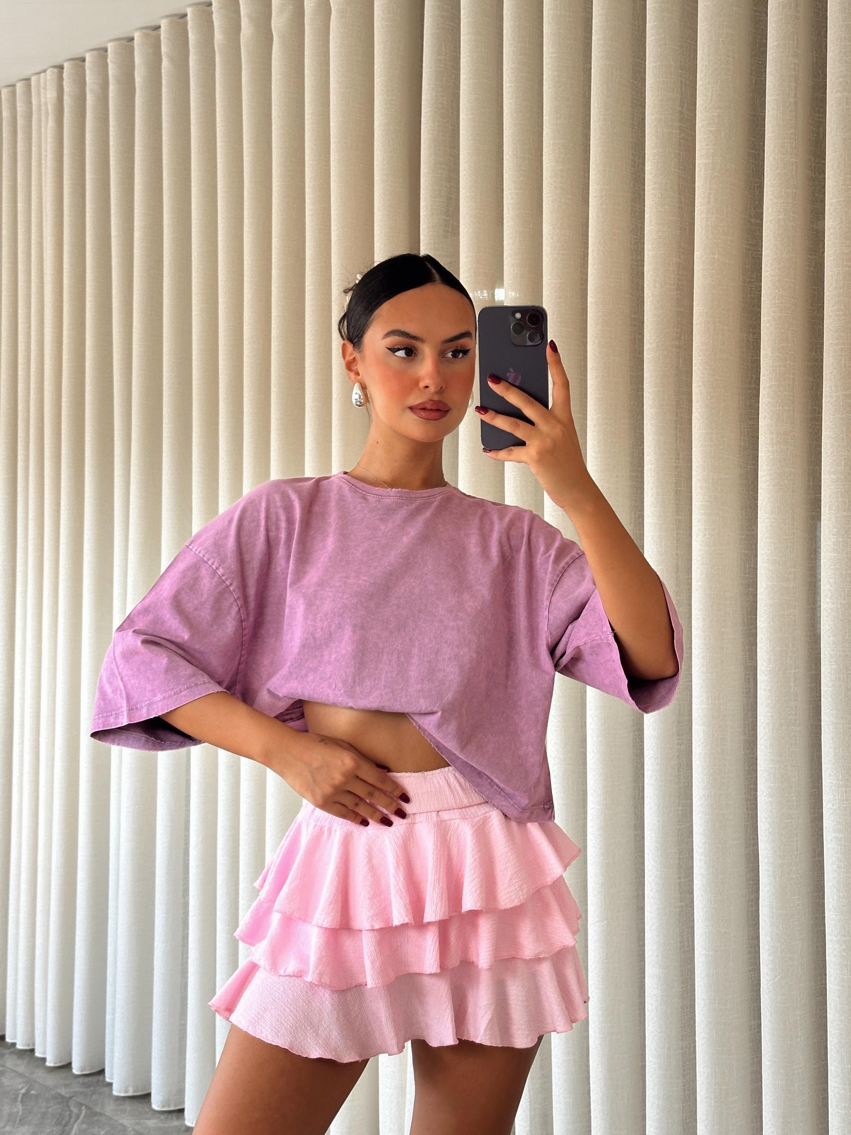Yıkamalı Düz Crop Basic - Lila