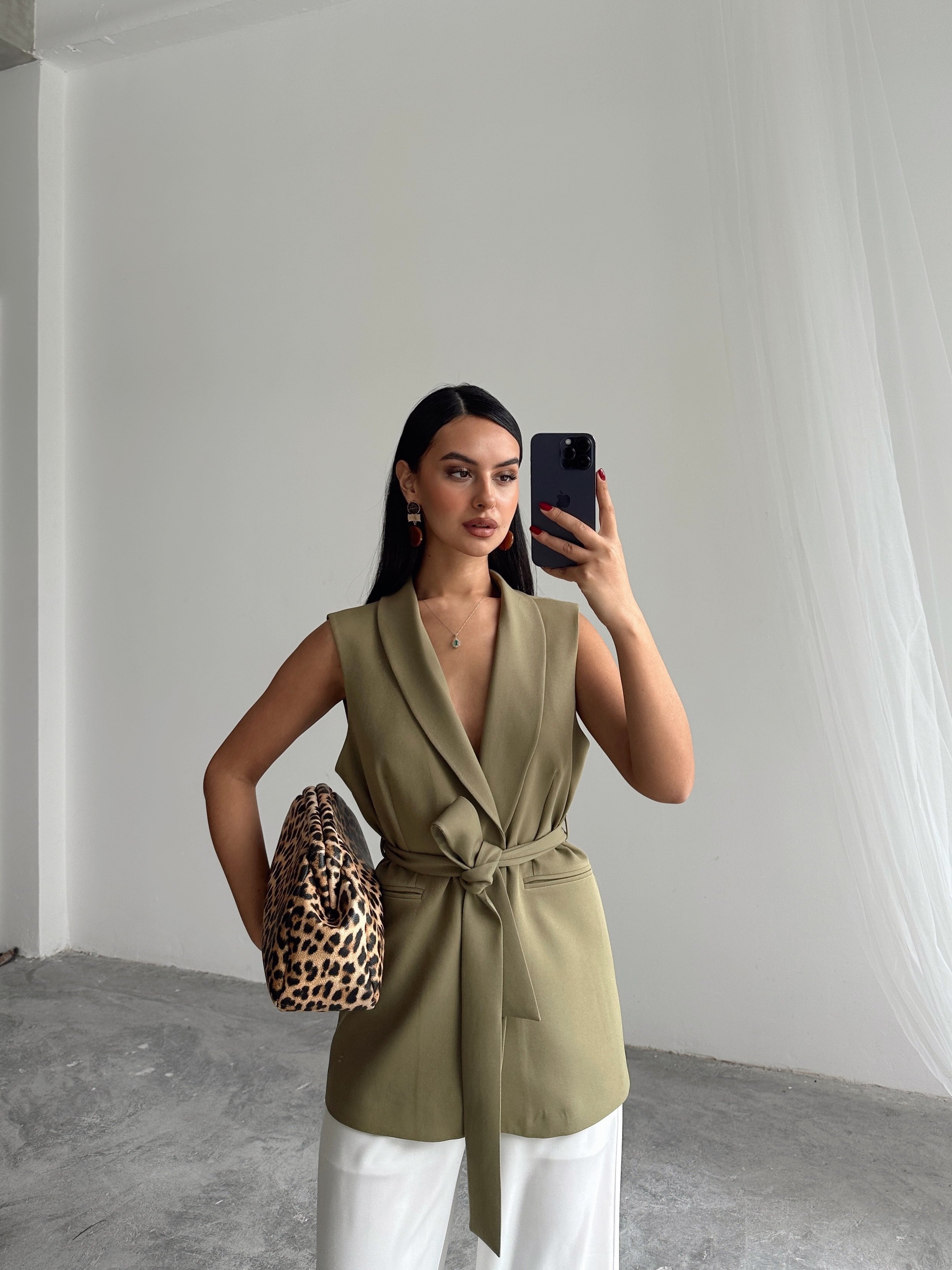 Bağlamalı Blazer Yelek  - Khaki