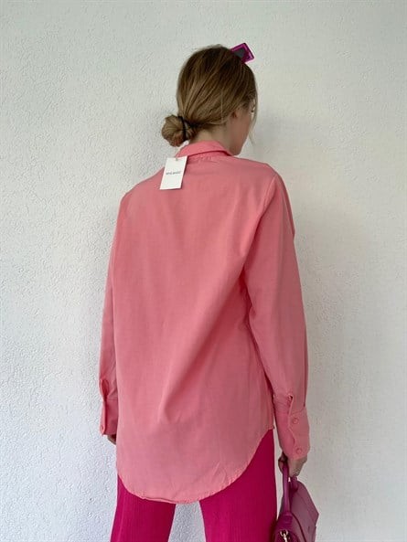 Kol Çift Düğme Oversize Poplin Gömlek Pudra Pembe