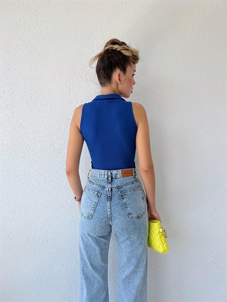 Polo Yaka Ön Büzgü Crop Saks Mavi
