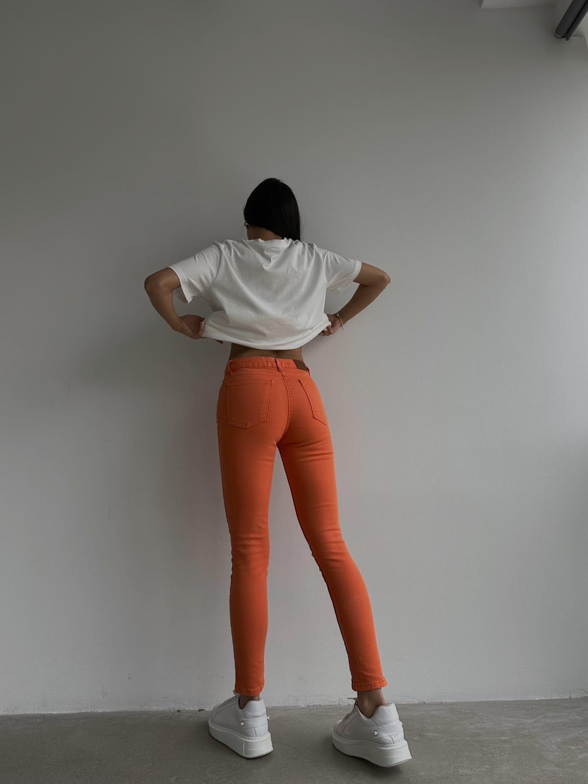 Renkli Yüksek Bel Likralı Skinny Jean Turuncu