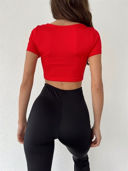 Drapeli Kalp Yaka Crop Kırmızı