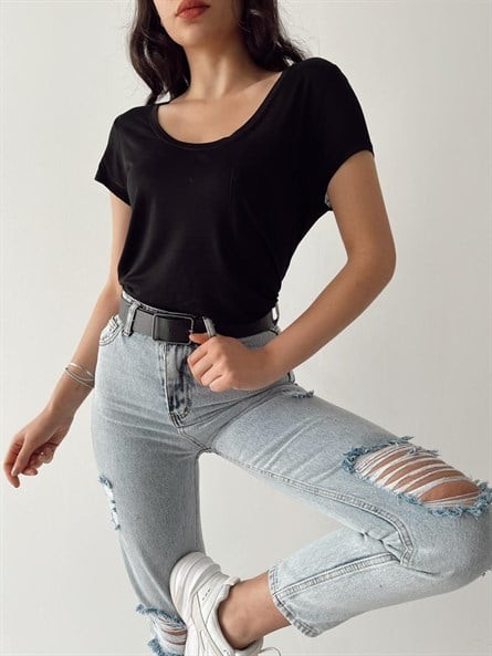 Original Geniş Yaka Tiril Basic Siyah