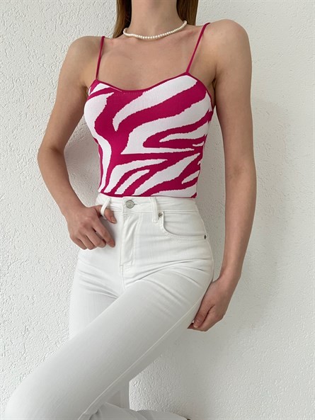 İp Askı Zebra Desenli Triko Bluz Fuşya-Beyaz