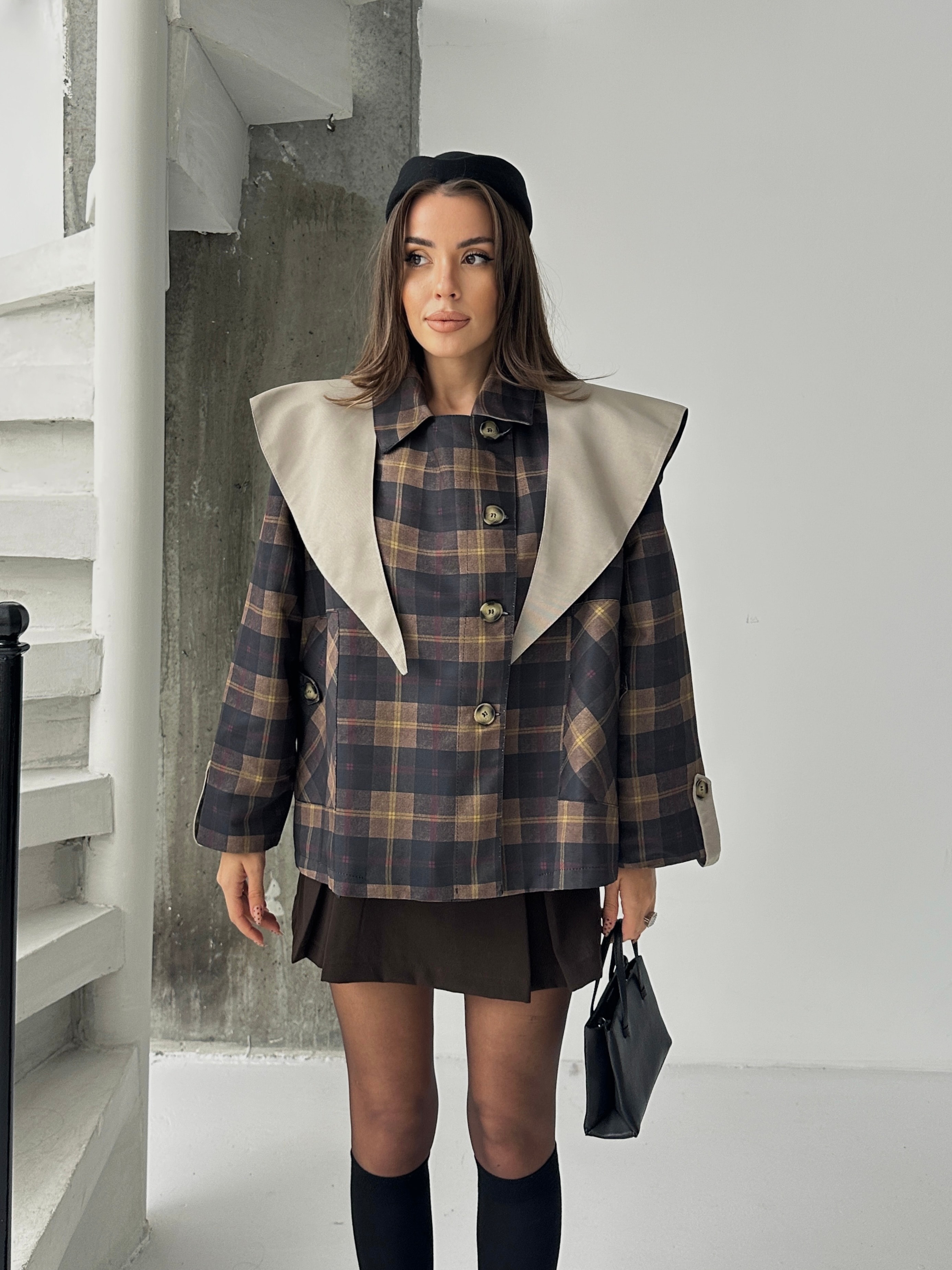 Pelerin Detay Kareli Ceket - lacivert-bej