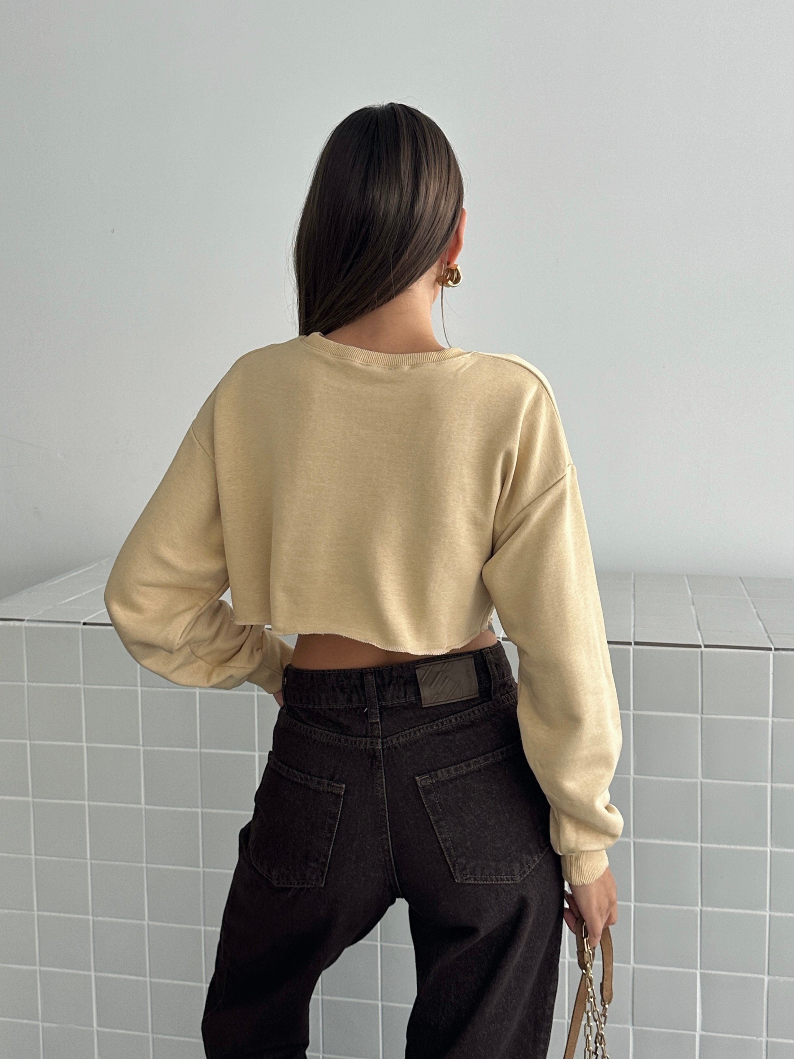 Dikişsiz Crop Sweat - Vizon