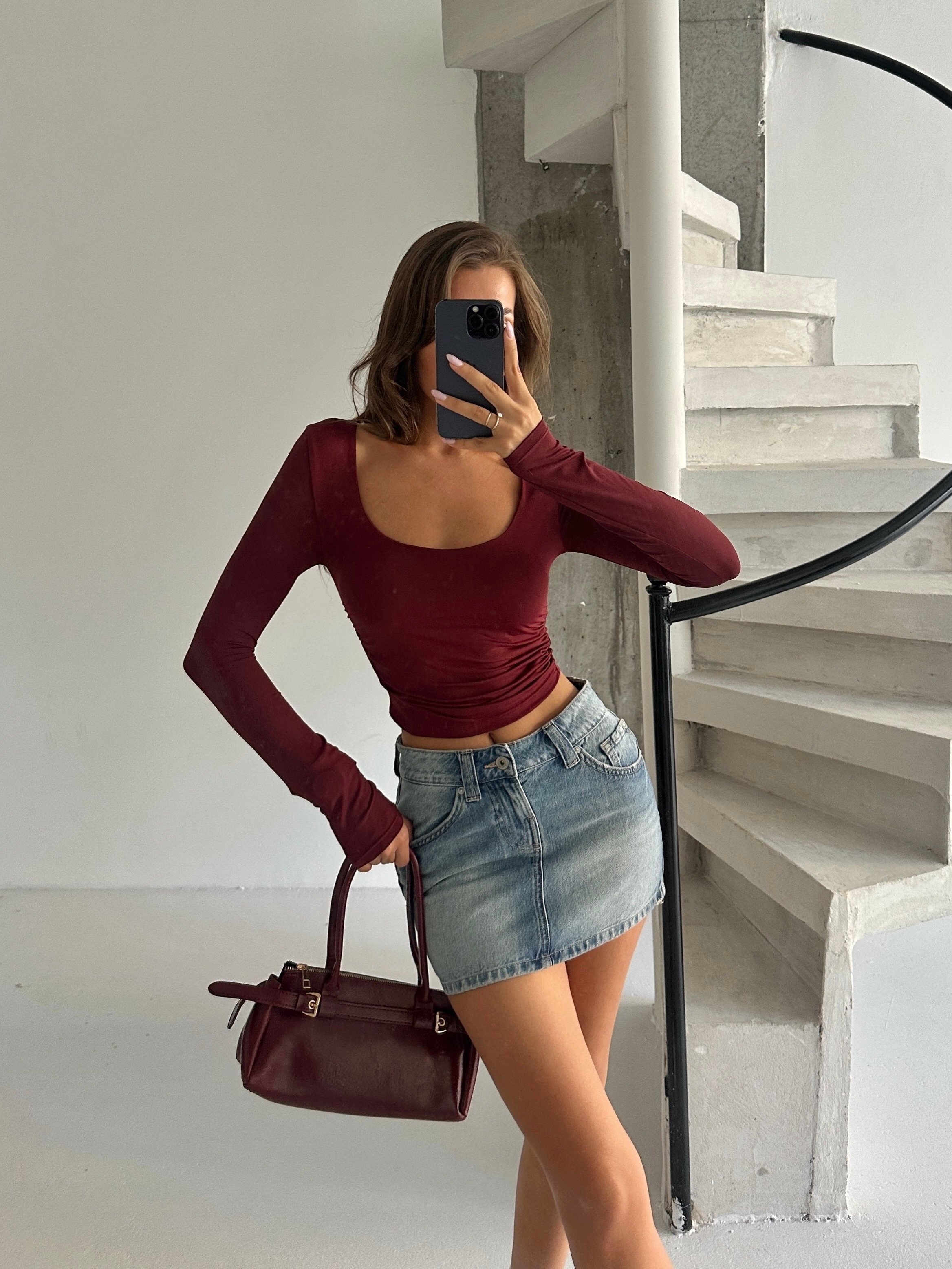 Kare Yaka Uzun Kol Bluz - Bordo