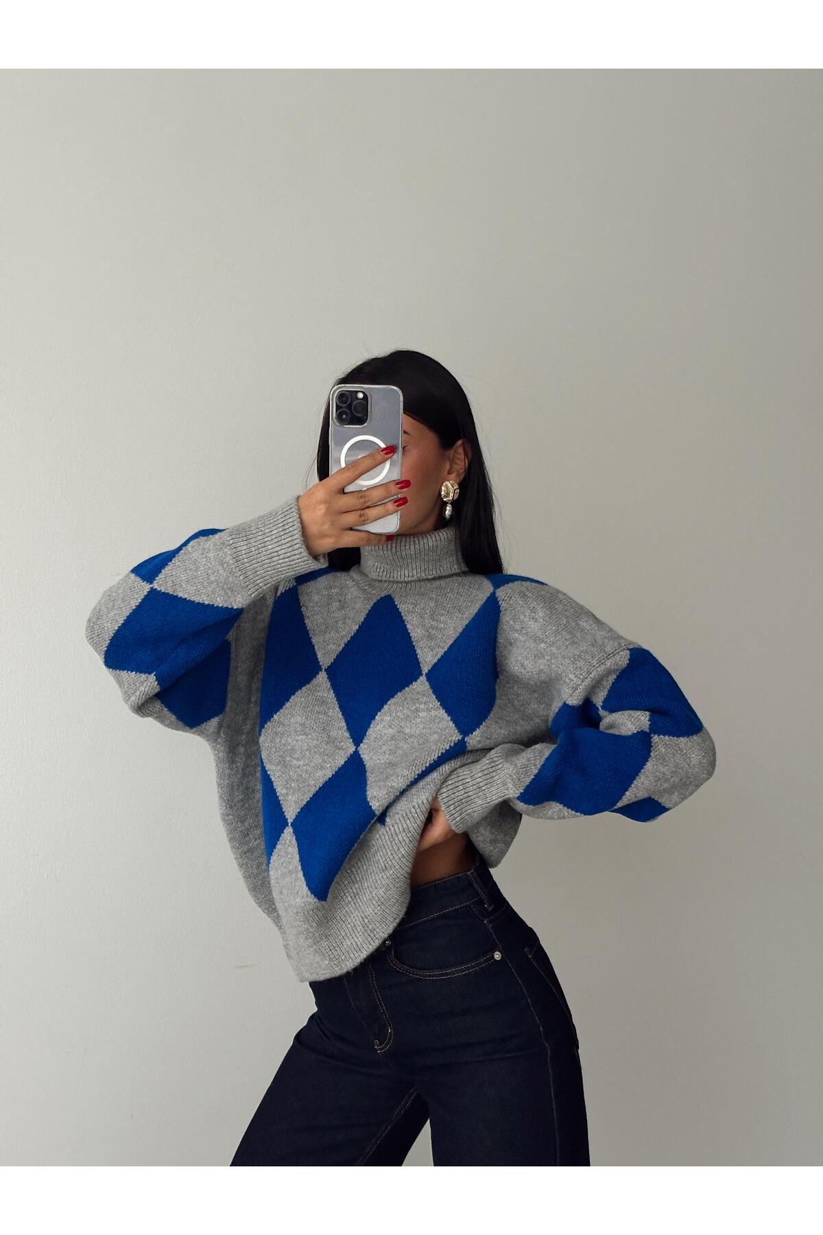 Boğazlı Baklava Desen Kazak Mavi