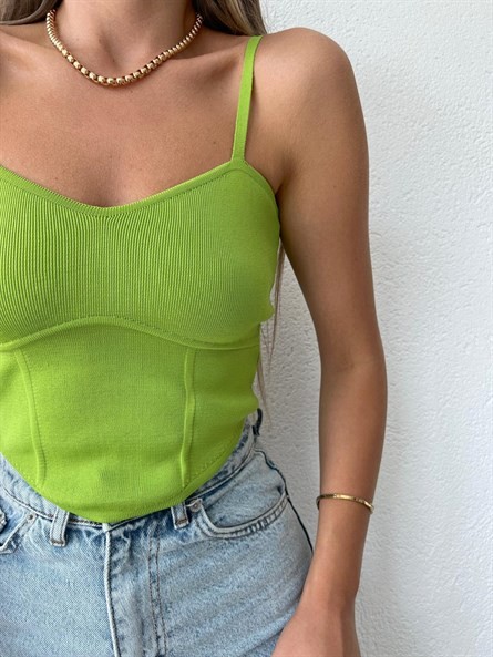Korse Detay Askılı Triko Bluz Yeşil