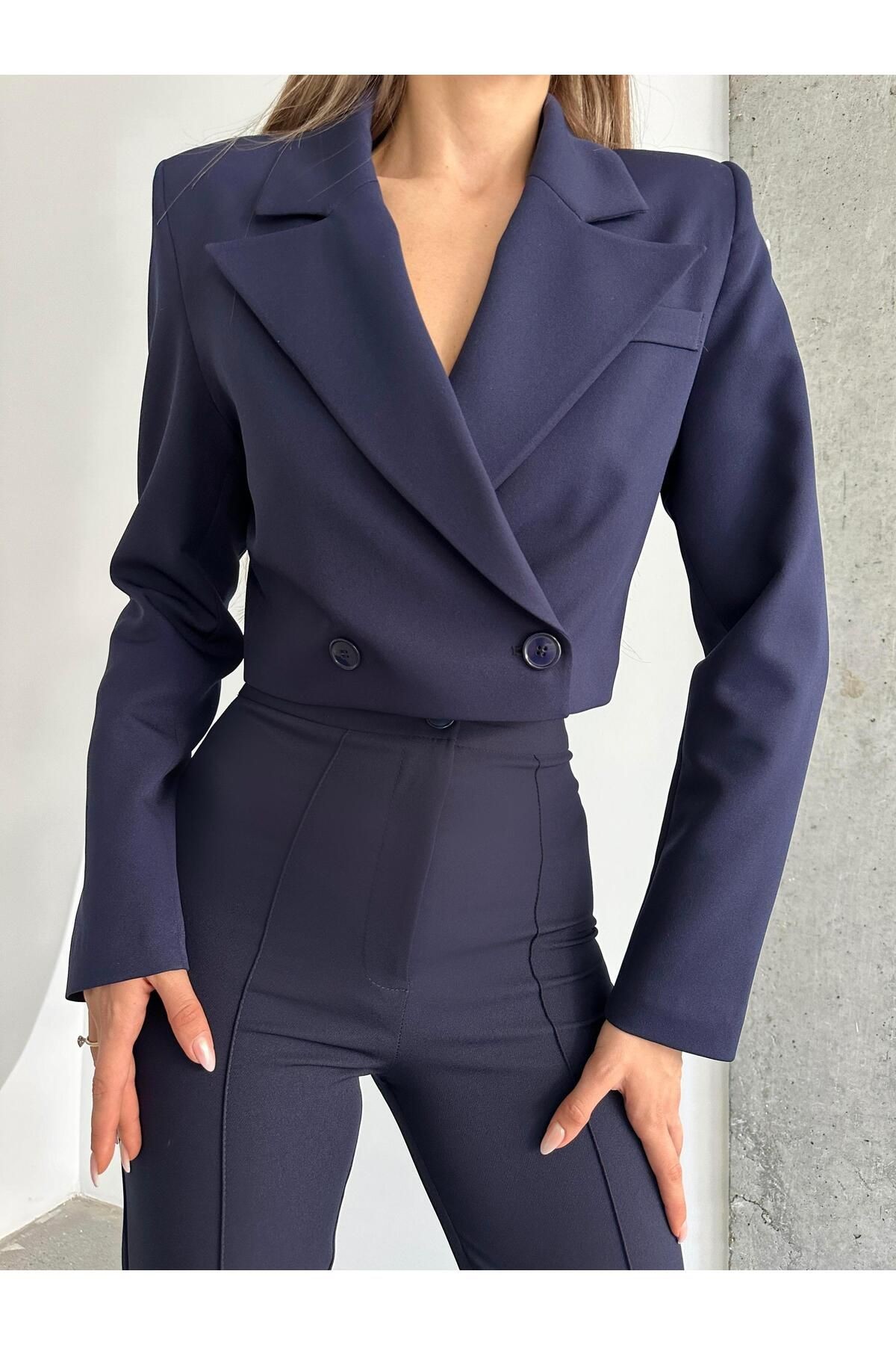 Çift Düğme Crop Blazer Ceket Lacivert