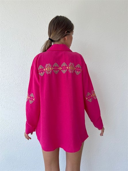 Kol Nakış İşleme Oversize Keten Gömlek Fuşya