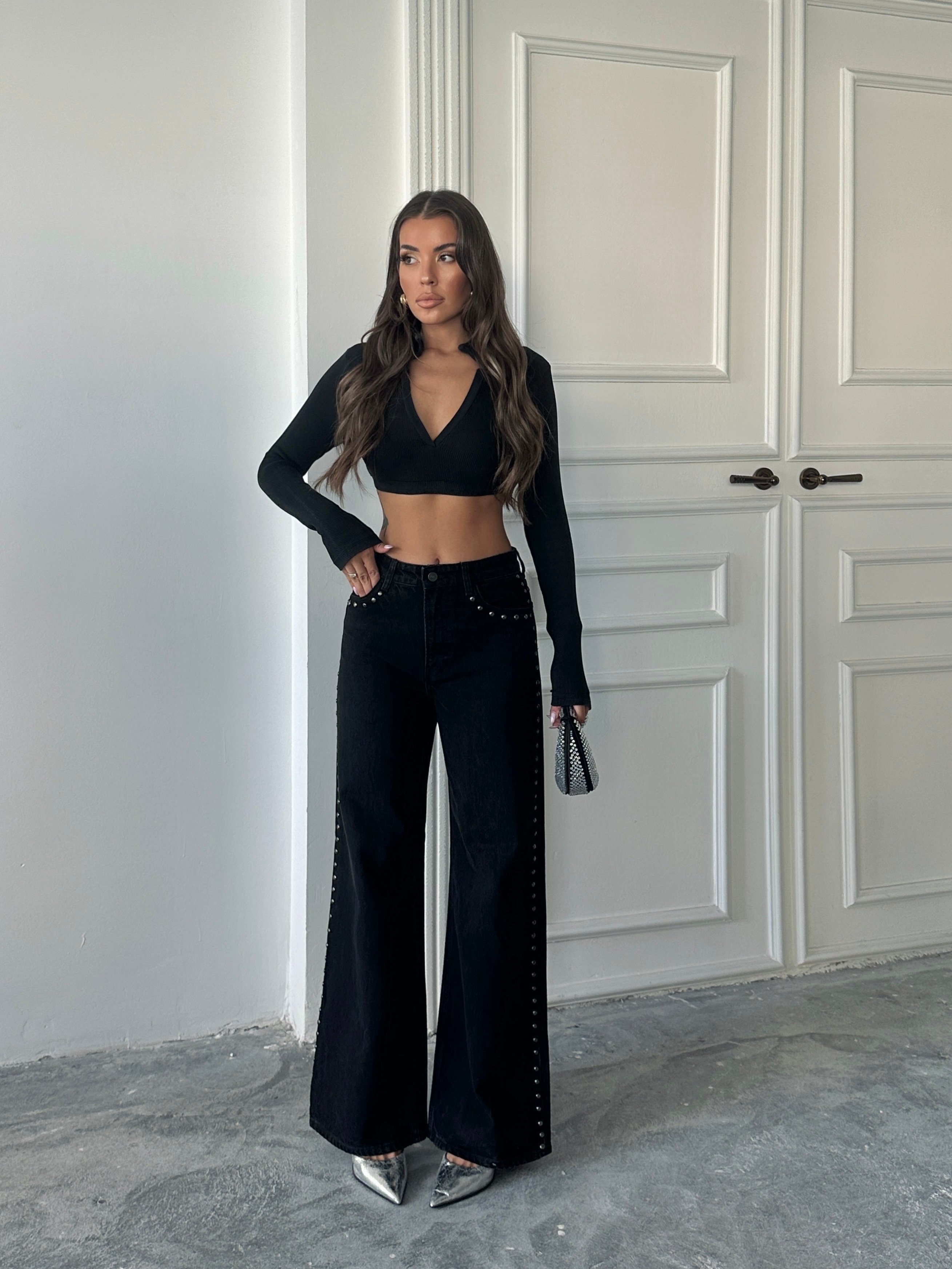 Zımba Detaylı Denim Palazzo 