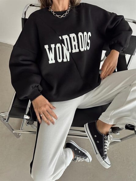 Wondroos Yan Yırtmaç Oversize Sweatshirt Siyah