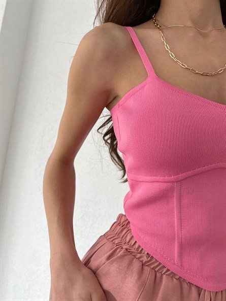 Korse Detay Askılı Triko Bluz Pembe