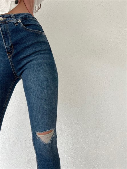 Diz Yırtık Yüksek Bel Skinny Jean Lacivert