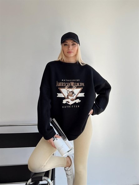 Nakışlı Oversize 3 İplik Sweat Siyah