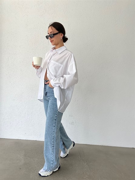 Balon Kol Oversize Poplin Gömlek Beyaz