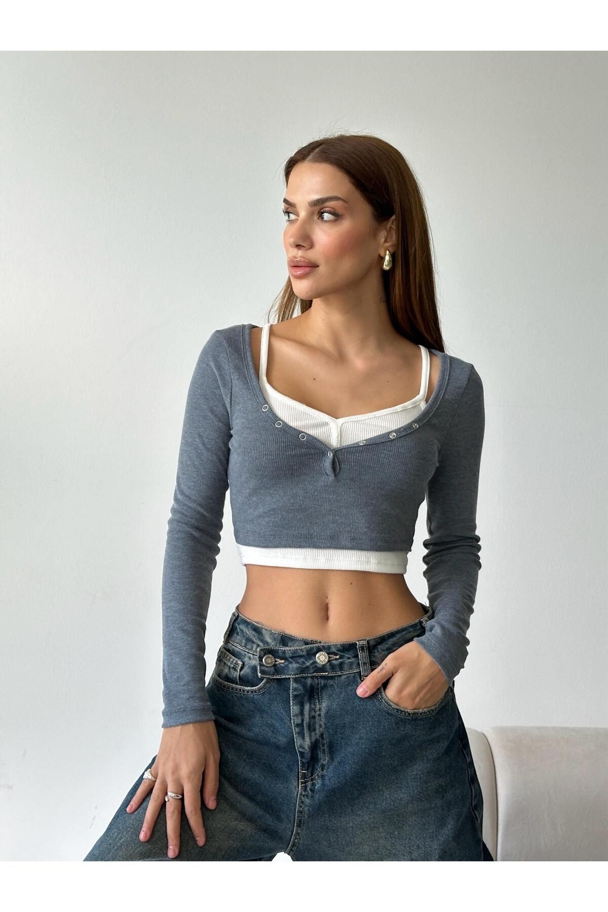 Birleşik Crop Bluz Füme