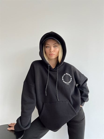 Berlin Sırt Yazı Detay 3 İplik Oversize Sweatshirt Siyah