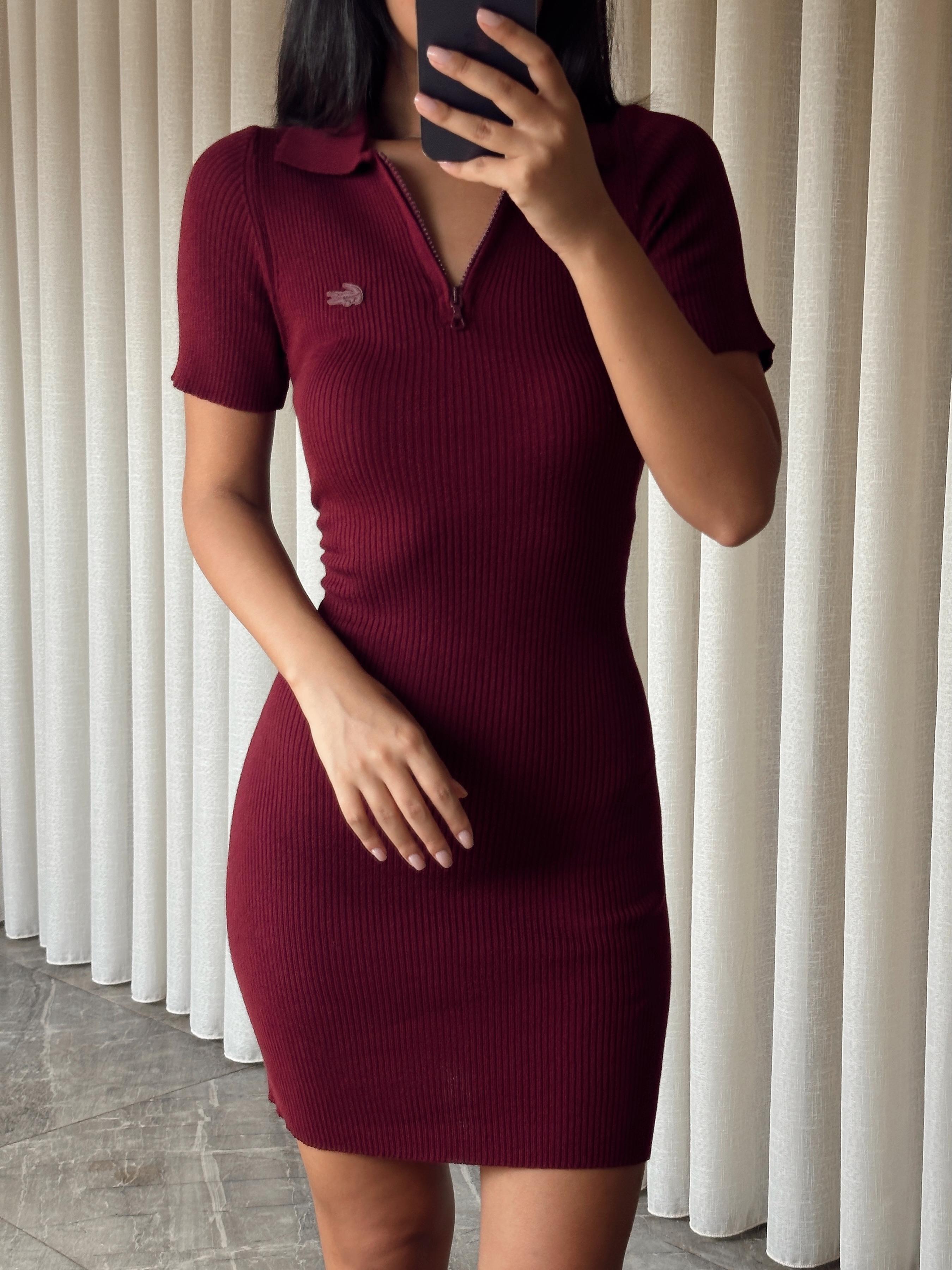 Polo Yaka Yarım Fermuar Triko Elbise - Bordo