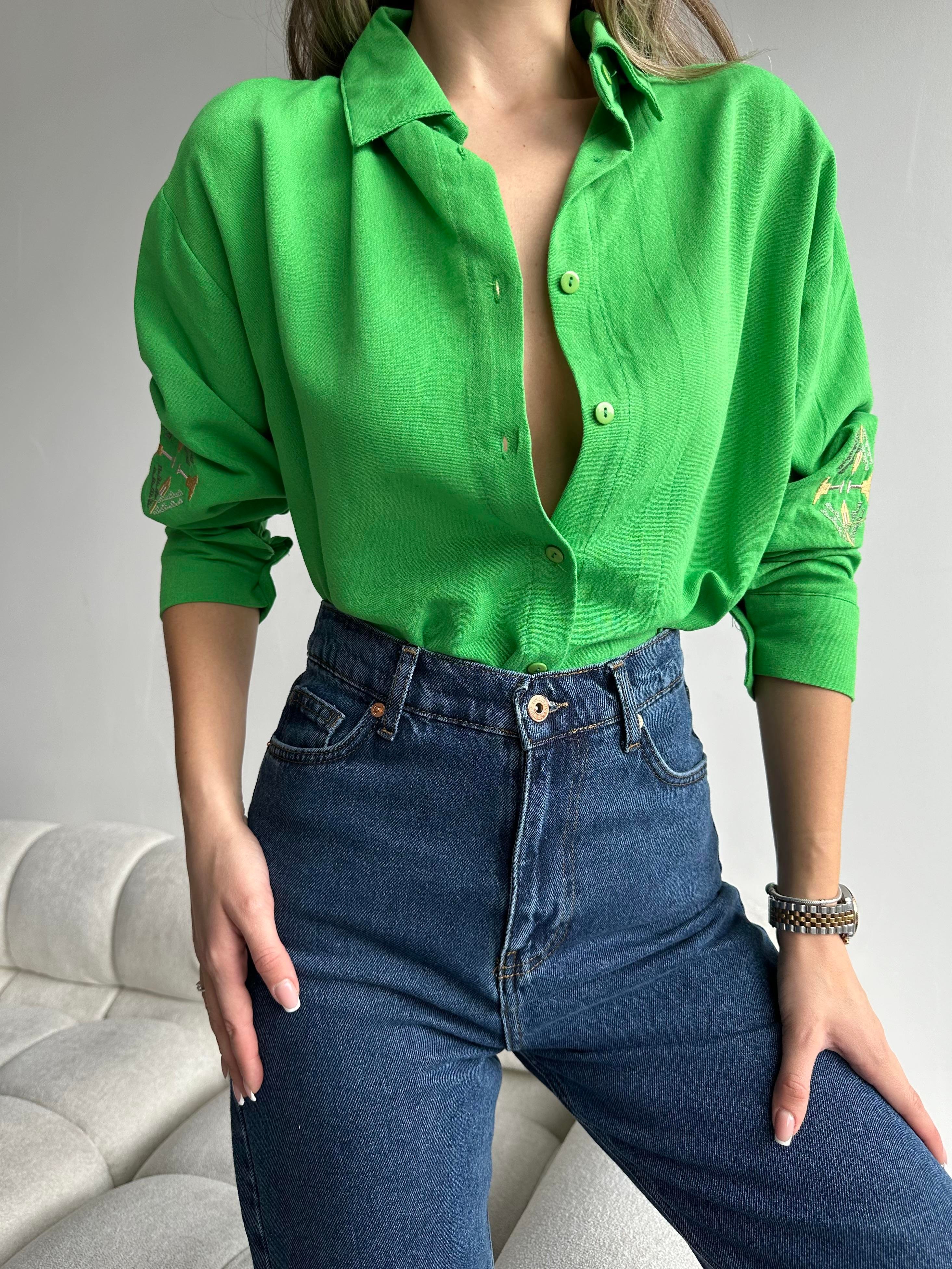 Kol Nakış İşleme Oversize Keten Gömlek Yeşil