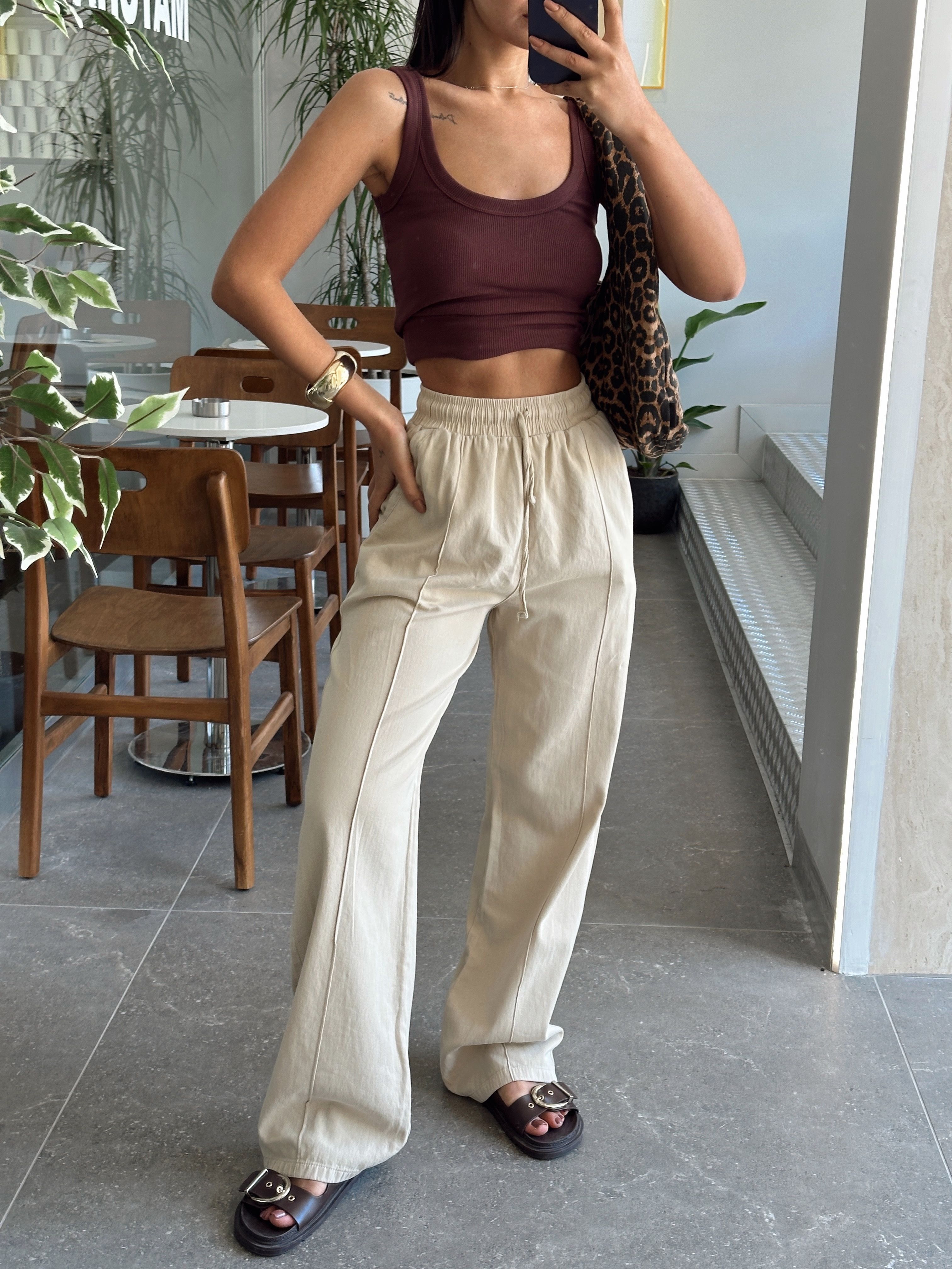Bağcıklı Gabardin Pantolon - Bej