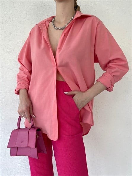 Kol Çift Düğme Oversize Poplin Gömlek Pudra Pembe