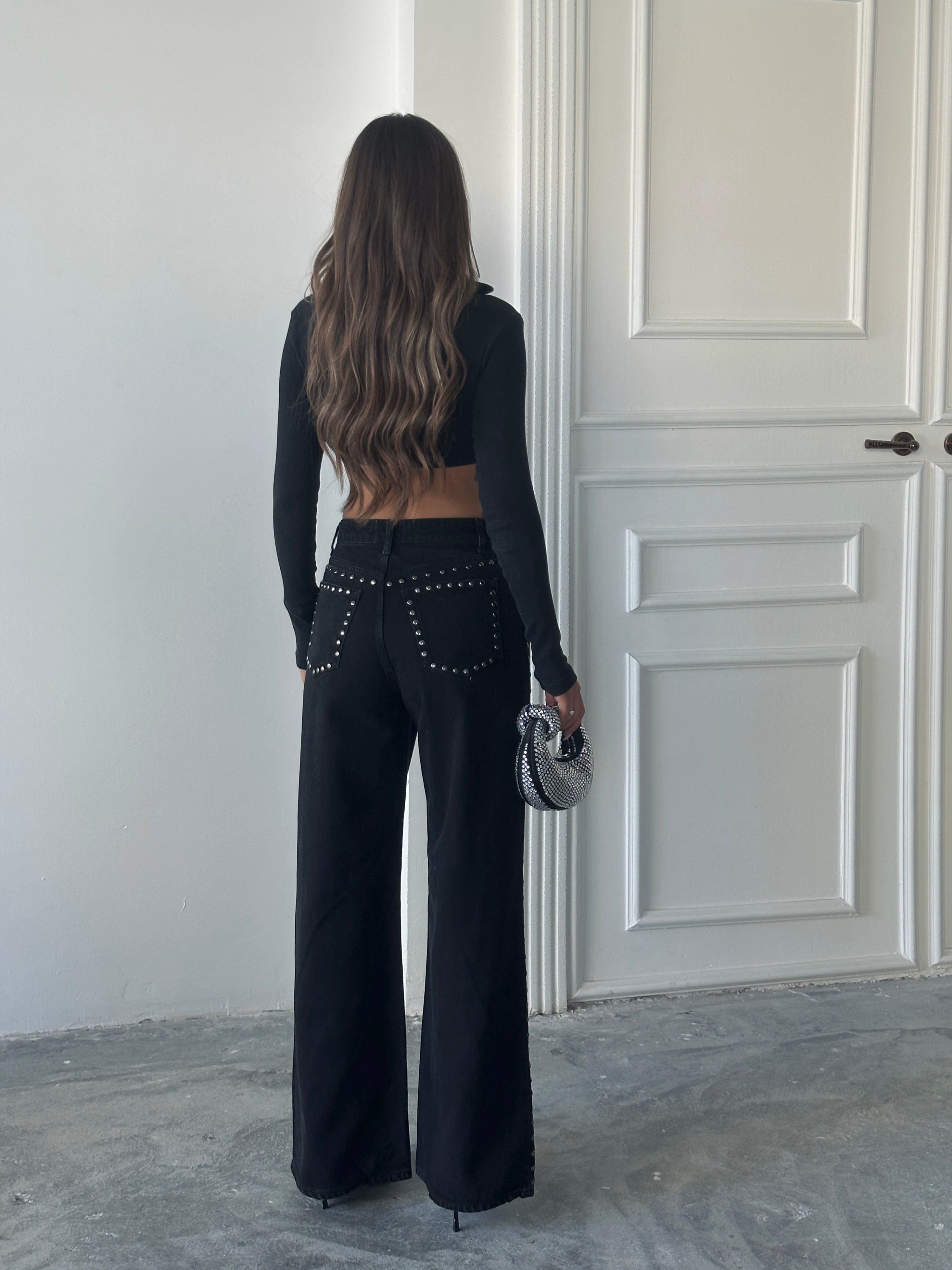 Zımba Detaylı Denim Palazzo  - Siyah