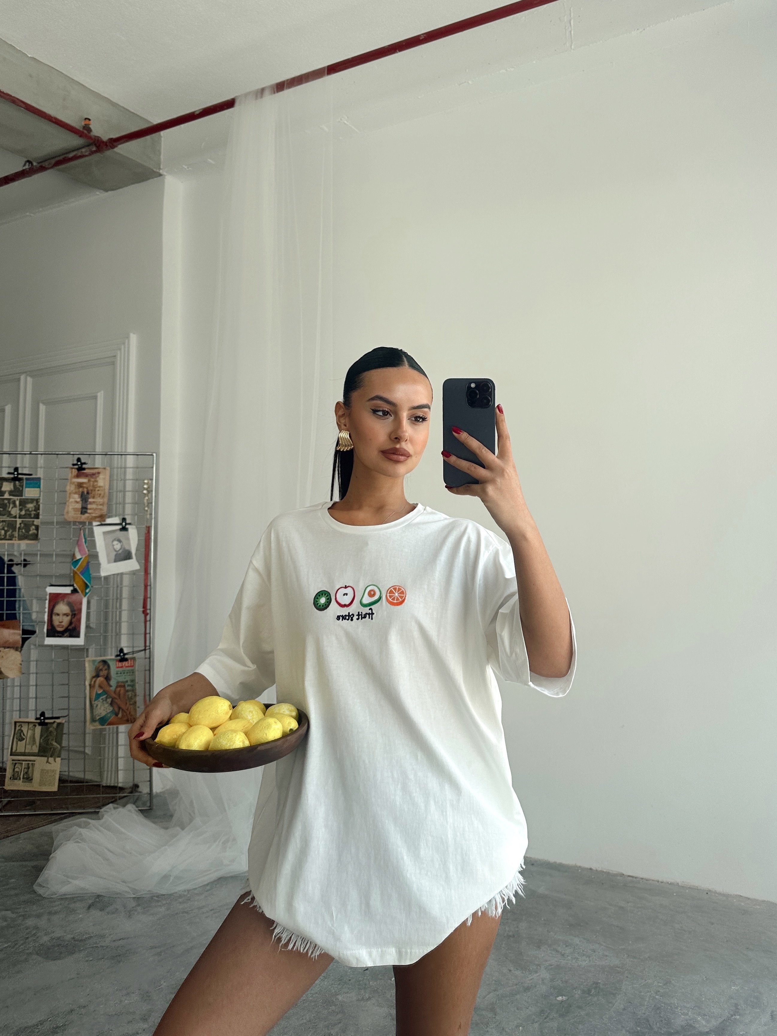 Fruit Nakış Basic T-shirt Beyaz