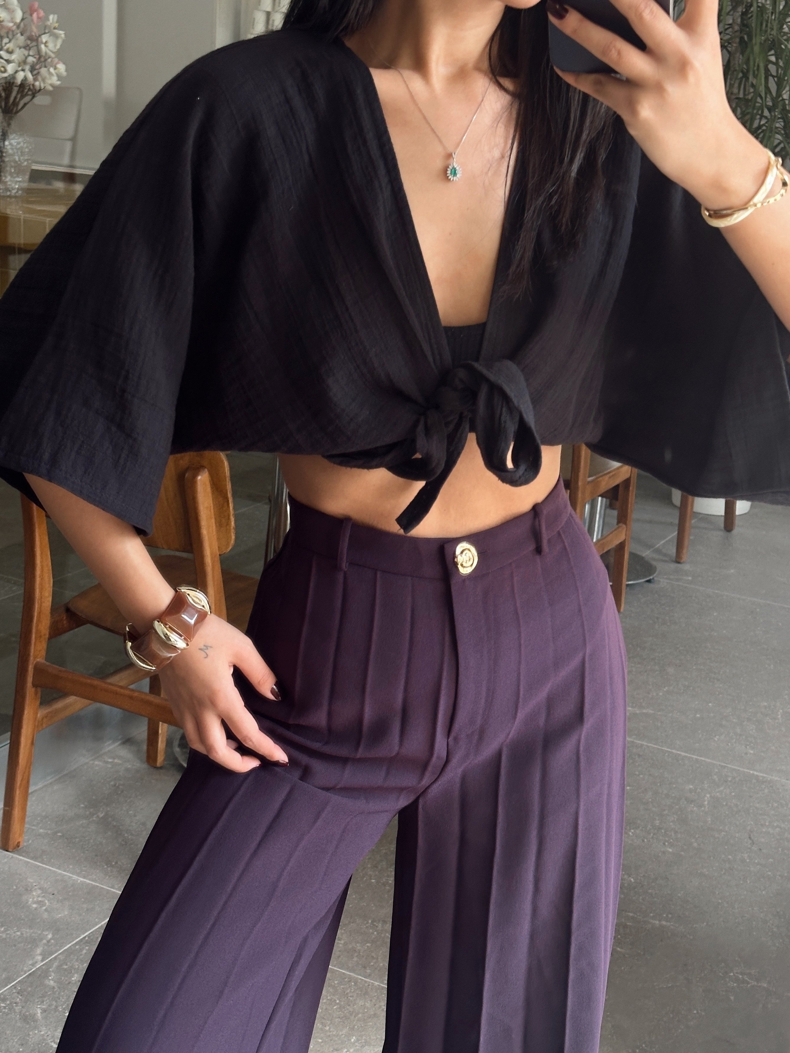 Müslin Kimono Bluz - Siyah