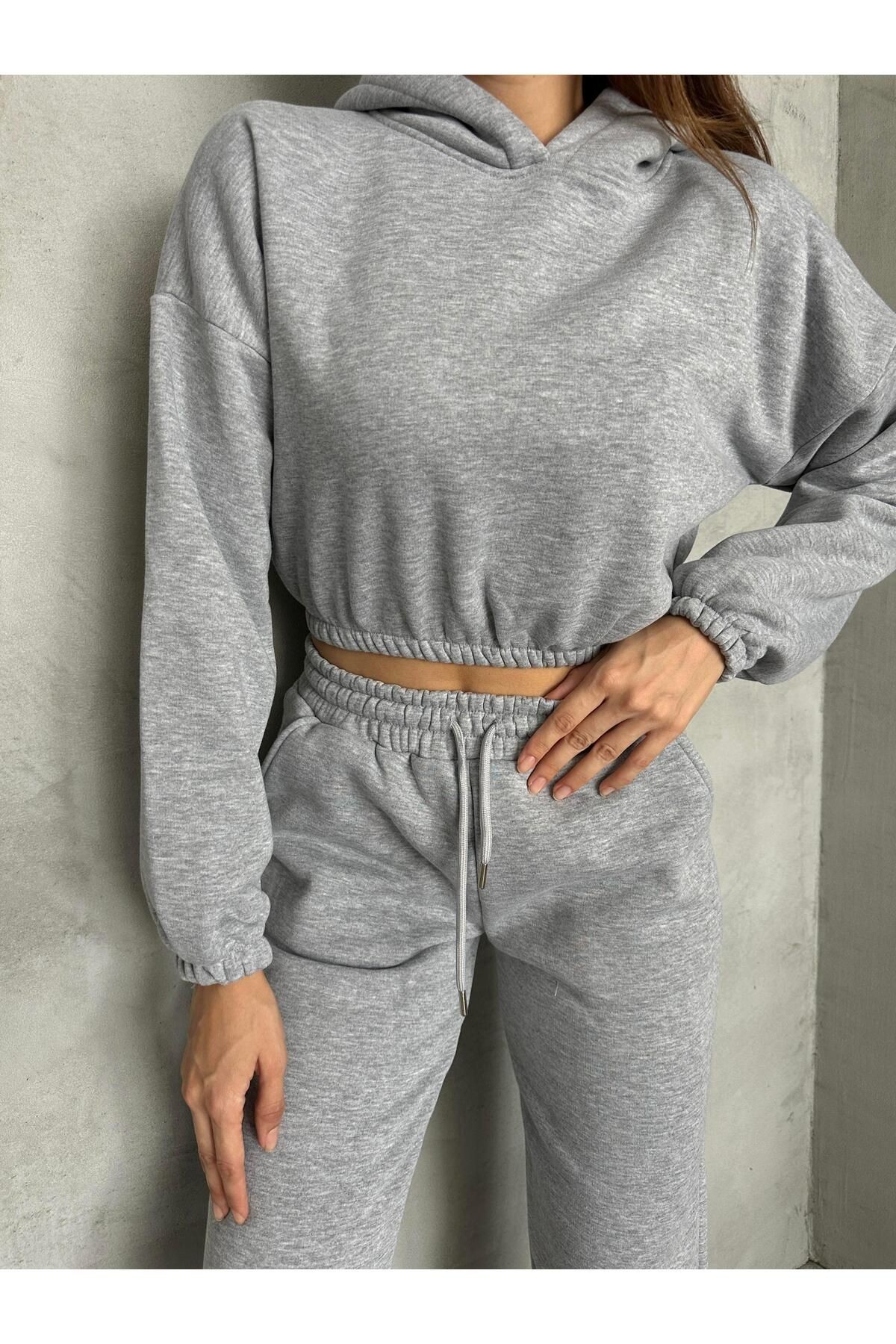 Kapüşonlu Crop Sweat Jogger Eşofman Takım Gri