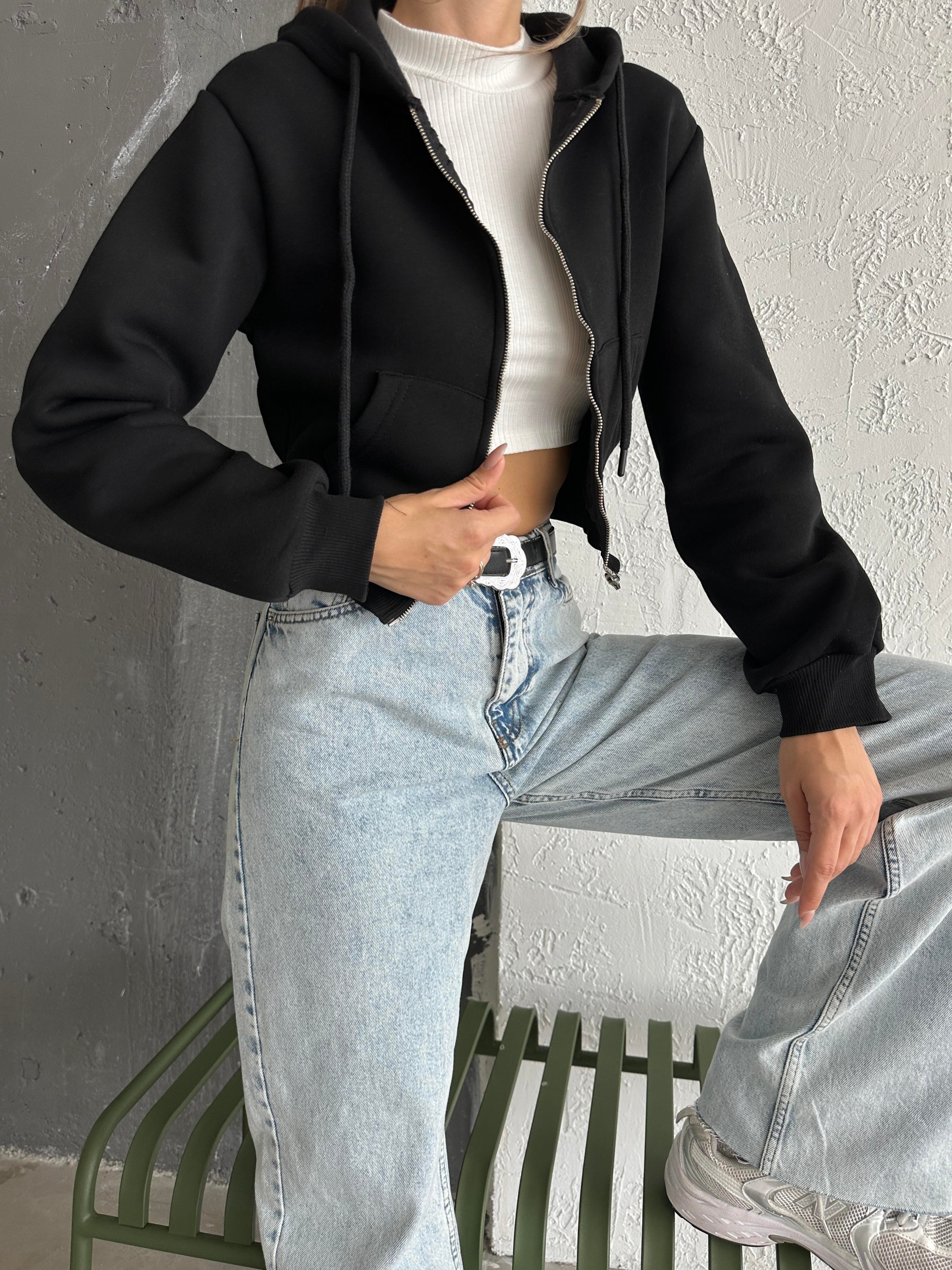 Hone Fermuarlı Kapüşonlu Crop Sweat Hırka Siyah